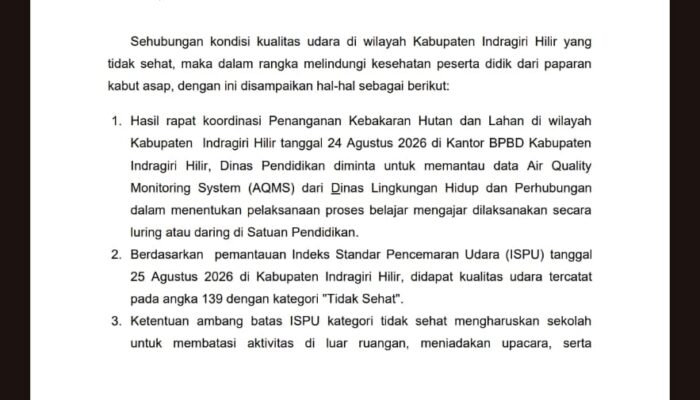 Udara Inhil Tak Sehat, Ini Aturan Baru Disdik untuk Sekolah dan Siswa