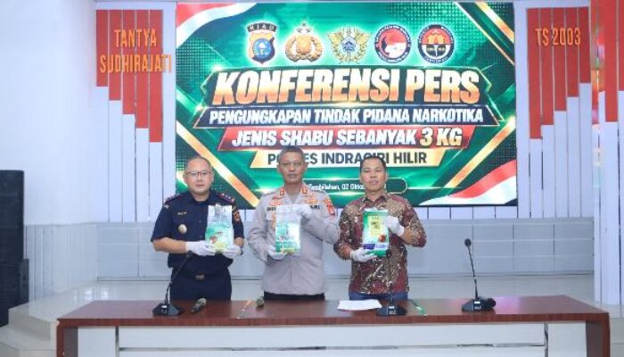 Kapolres Inhil Pimpin Konferensi Pers, Ungkap Peredaran 3 Kg Sabu Kolaborasi dengan Bea Cukai Tembilahan
