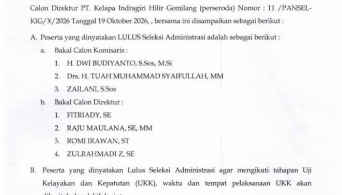 Pansel Umumkan Hasil Seleksi Administrasi Calon Komisaris dan Direktur PT KIG