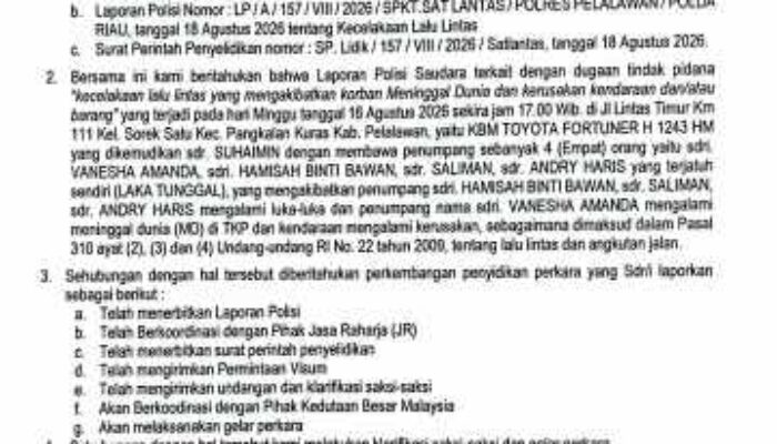 Duka Belum Usai, Keadilan Masih Menggantung! Keluarga Vanessa Amanda Korban Kecelakaan Maut di Pelalawan Tagih Kepastian Hukum